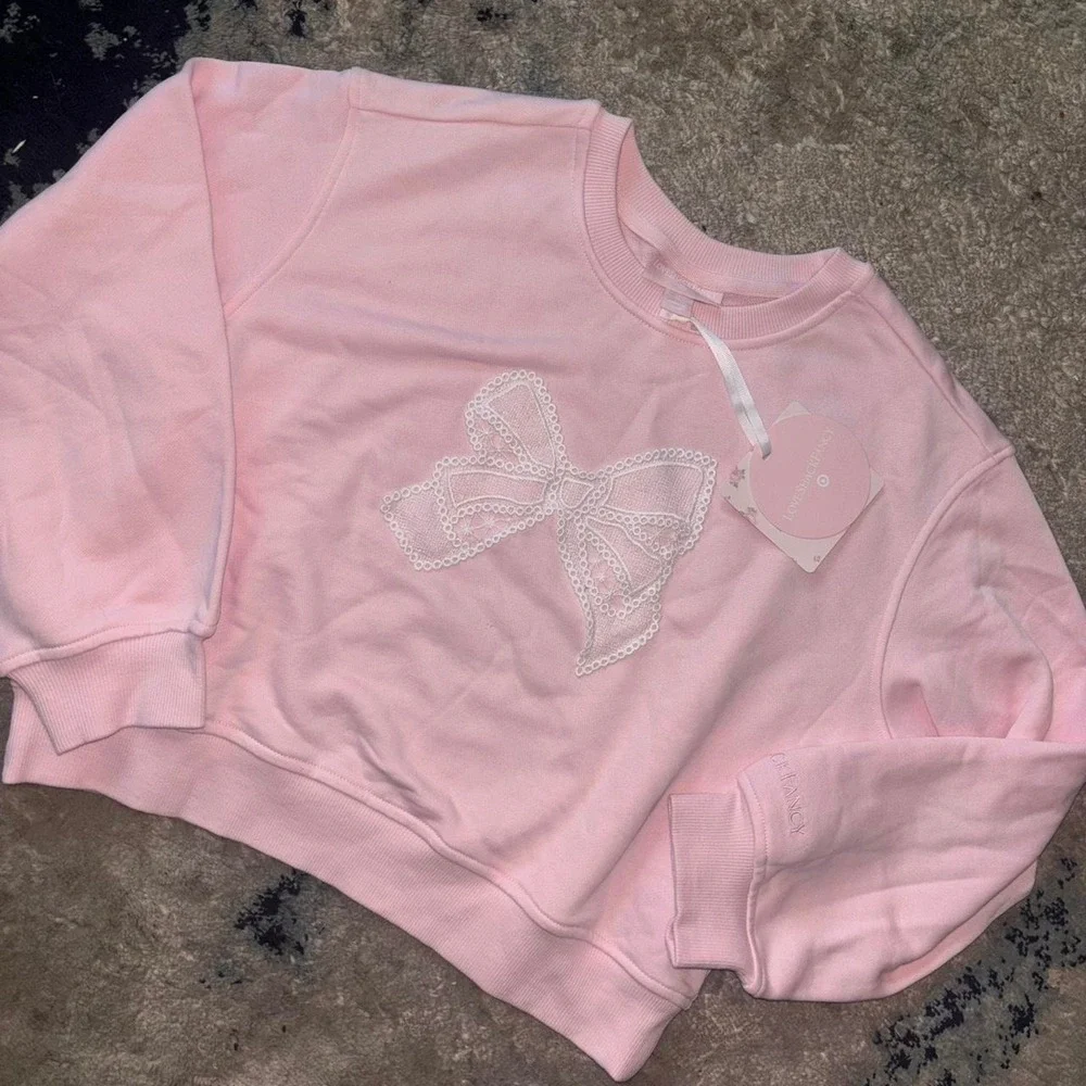 Youth xxl pink LoveShackFancy crewneck sweatshirt white lace bow
